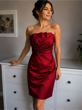 David's Bridal Strapless Burgundy Satin Cocktail Dress